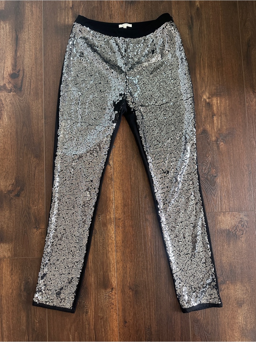 Sequin Front Black Leggings - Silver